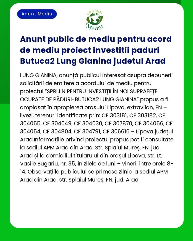 Anunt public de mediu pentru acord de mediu proiect investitii paduri