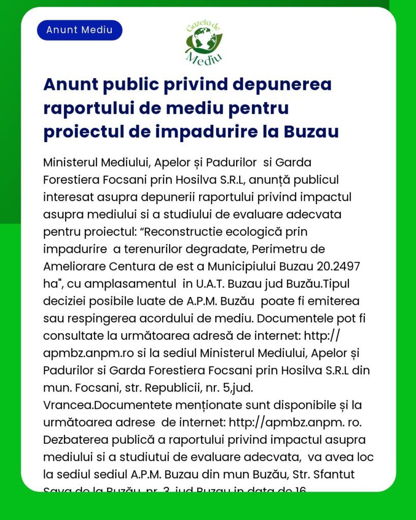 Anunt public privind depunerea raportului de mediu pentru proiectul de