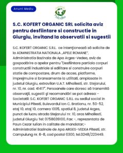 S.C. KOFERT ORGANIC SRL solicita aviz pentru desfiintare si constructi