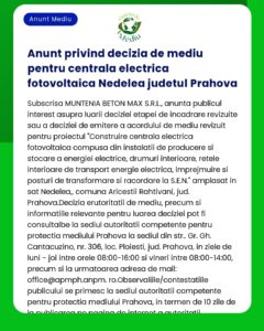 Anunt privind decizia de mediu pentru centrala electrica fotovoltaica