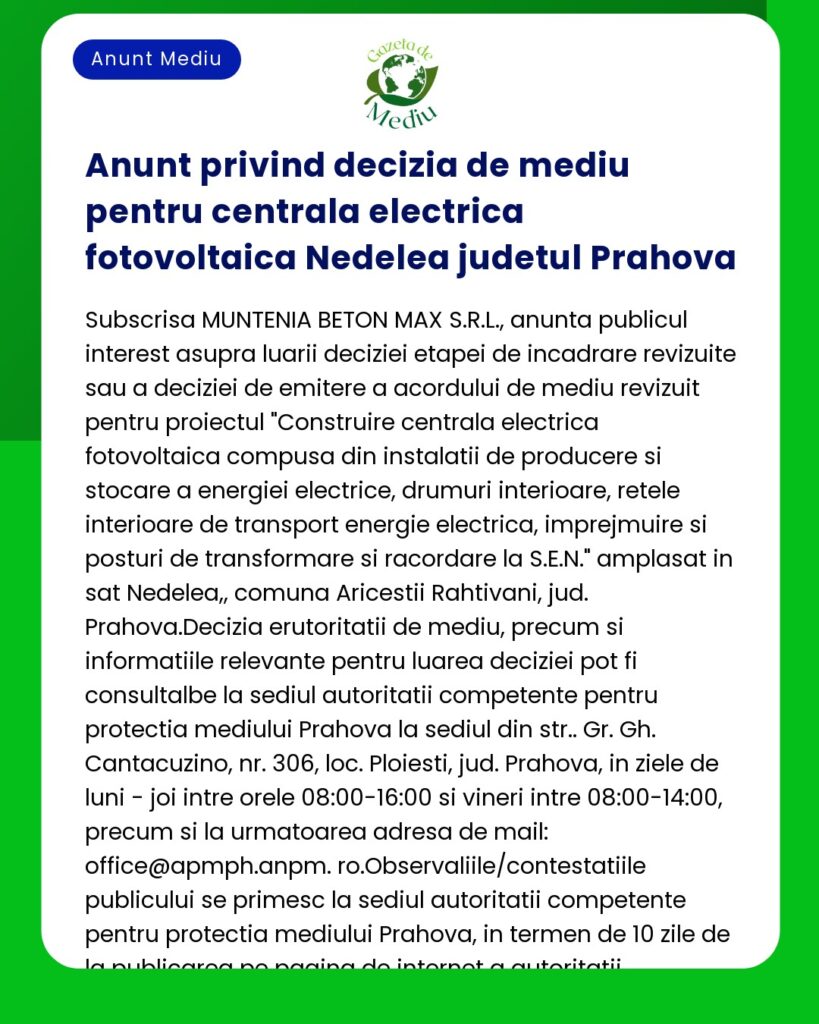 Anunt privind decizia de mediu pentru centrala electrica fotovoltaica