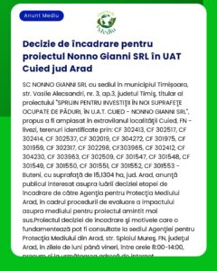 Decizie de încadrare pentru proiectul Nonno Gianni SRL în UAT Cuied ju