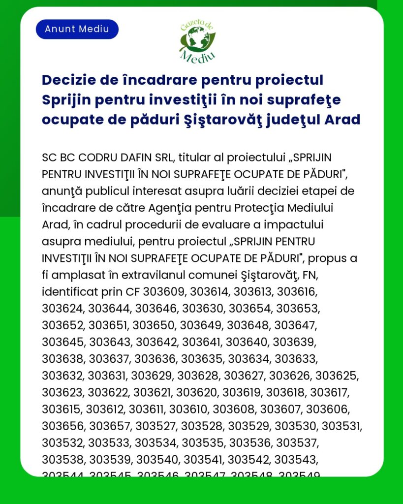 Decizie de încadrare pentru proiectul Sprijin pentru investiţii în noi