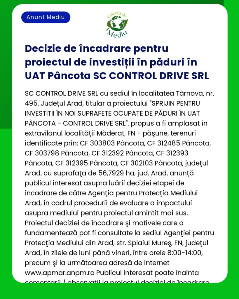 Decizie de încadrare pentru proiectul de investiții în păduri în UAT P