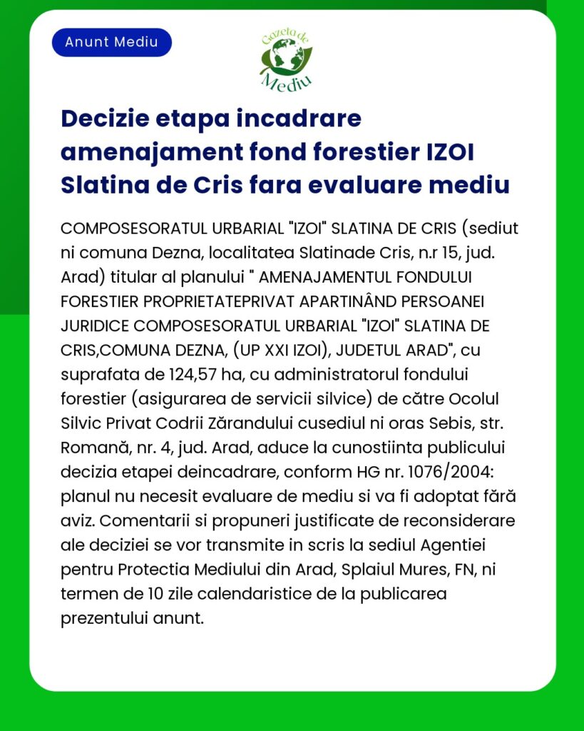 Decizie etapa incadrare amenajament fond forestier IZOI Slatina de Cri