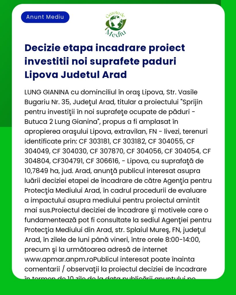 Decizie etapa incadrare proiect investitii noi suprafete paduri Lipova