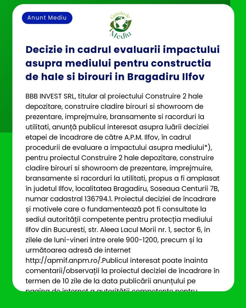 Decizie in cadrul evaluarii impactului asupra mediului pentru construc