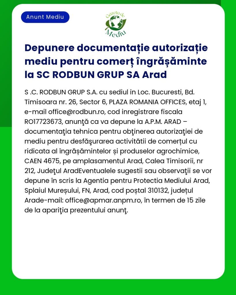 Depunere documentație autorizație mediu pentru comerț îngrășăminte la