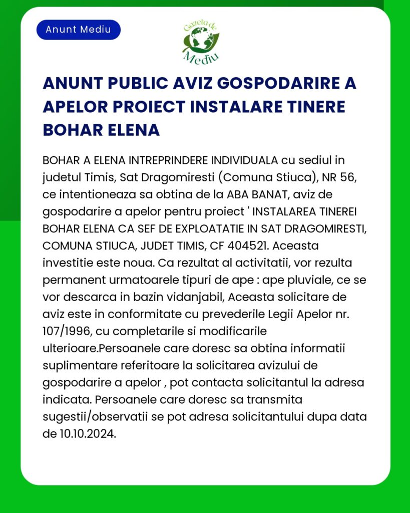 Proiect de gospodarire a apelor depus de Bohar Elena conform ordinii 1798/2007 si HG 1076/2004 privind evaluarea efectelor anumitor proiecte asupra mediului