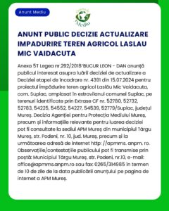 Decizie de actualizare a documentației de mediu pentru Laslău Mic județul Vaida ce afectează anumite parcele