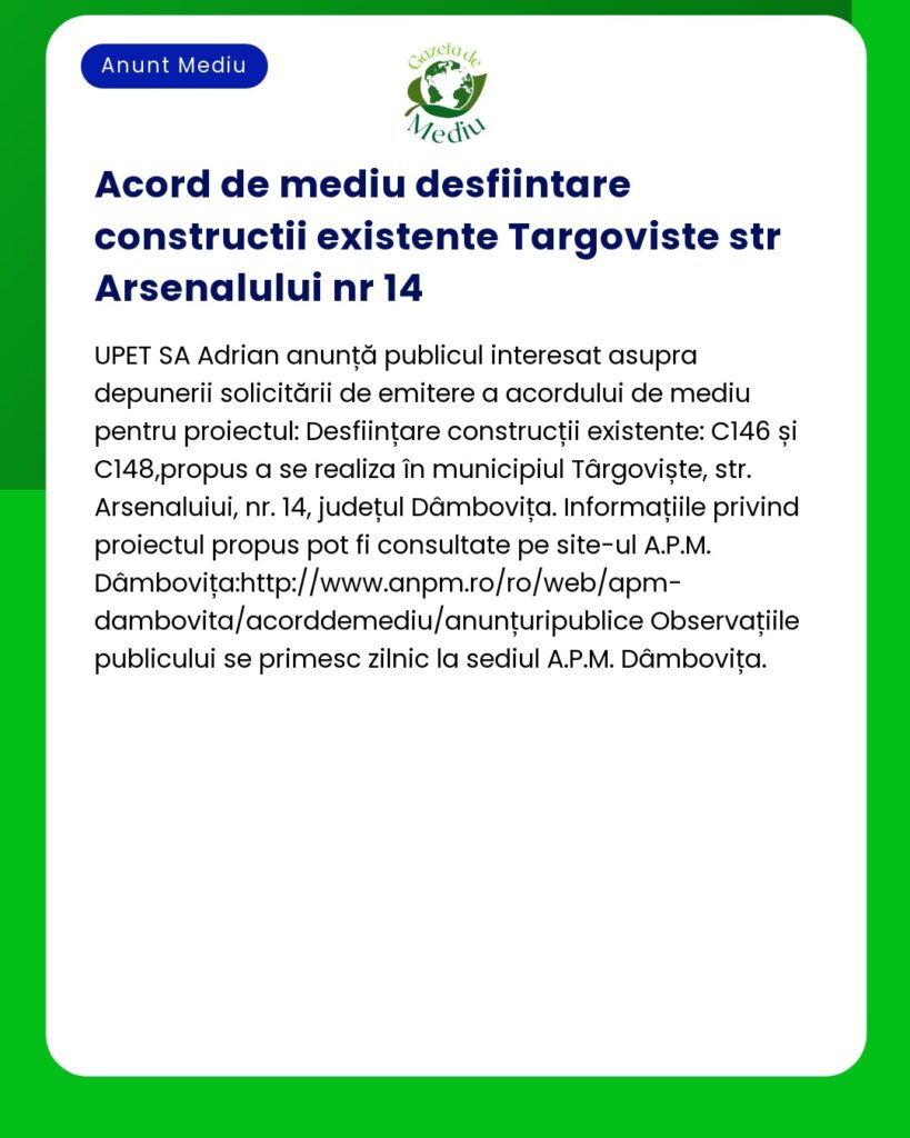 Un afiș digital despre un apel public referitor la un proiect de demolare pe Strada Arsenalului Târgoviște cu linkuri către site-uri pentru mai multe informații