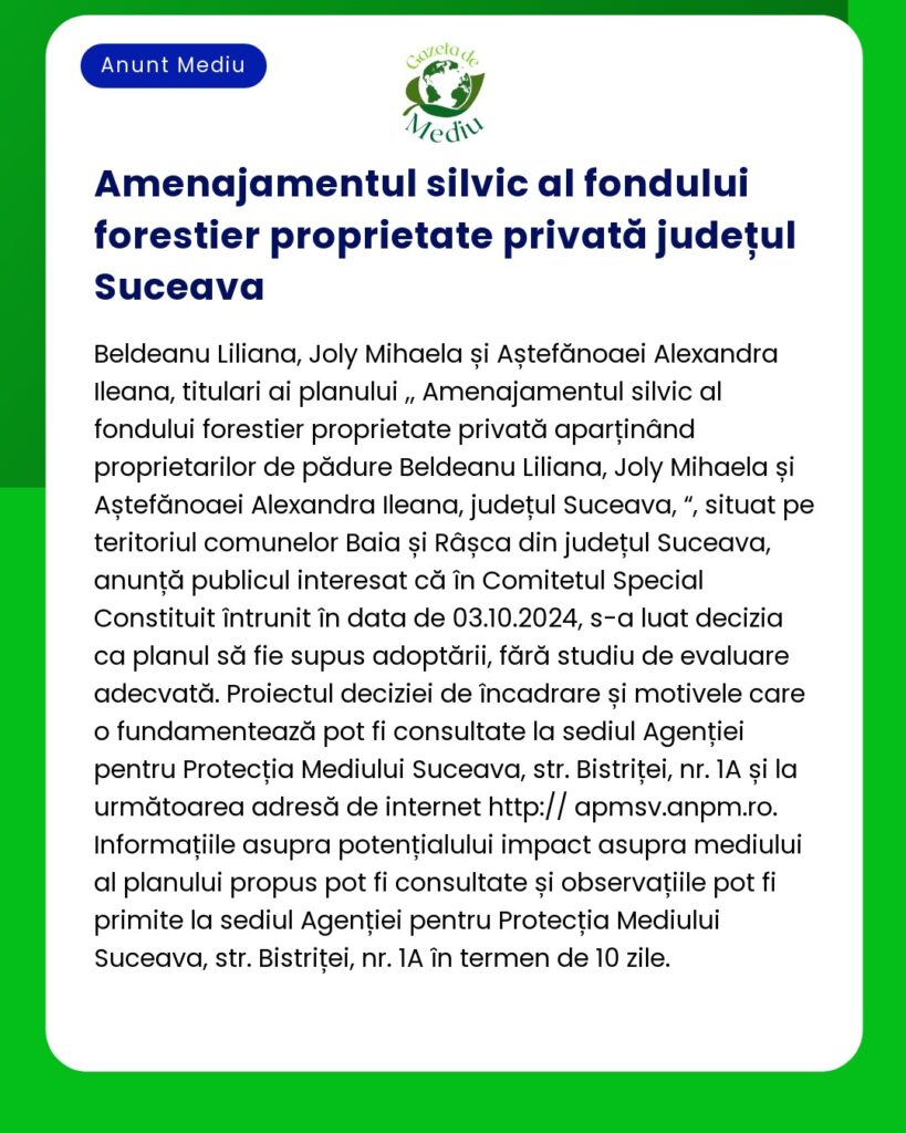 Anunț despre planul de amenajare a pădurilor pentru proprietate privată în județul Suceava