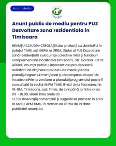 Anunț public cu chenar verde despre un plan de zonă în Timișoara detalii și proceduri de aplicare și termenele de depunere