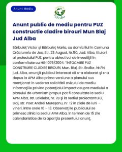 APM Alba anunță decizia etapei de încadrare pentru proiectul privind construirea unei clădiri de birouri în Mun Blaj județul Alba