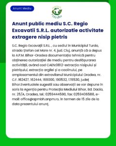 Anunț public pentru activitățile autorizate de extracție de nisip și pietriș ale SC Regio Excavatii SRL în Municipiul Turda județul Cluj România