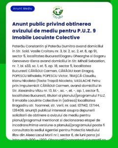 Text de anunț public verde-alb privind aprobarea de mediu pentru Colectivul PUZ 9 Imobile Locuinte cu mențiunea mai multor persoane și adrese nominalizate