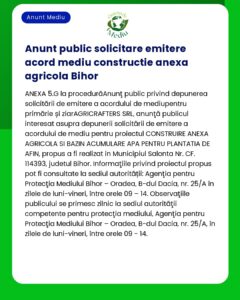 Anunt public de aplicare acord de mediu pentru o constructie anexa agricola in Bihor detaliat de ZIARIGCRAFTERS SRL pentru acordul serviciului de protectie in Salonta Bihor