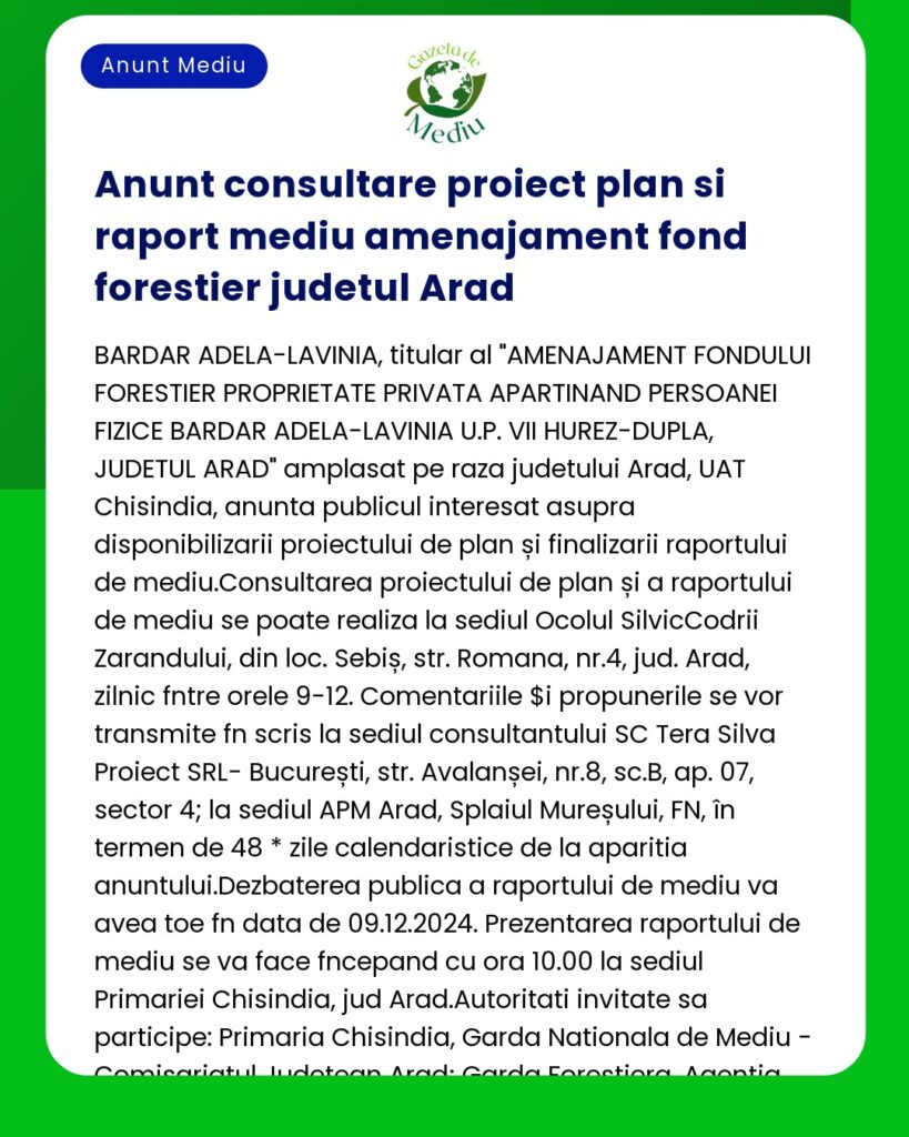 Anunt consultare proiect plan si raport mediu amenajament fond foresti