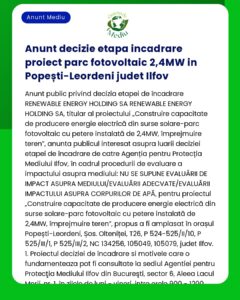 Anunt decizie etapa incadrare proiect parc fotovoltaic 24MW in Popeșt