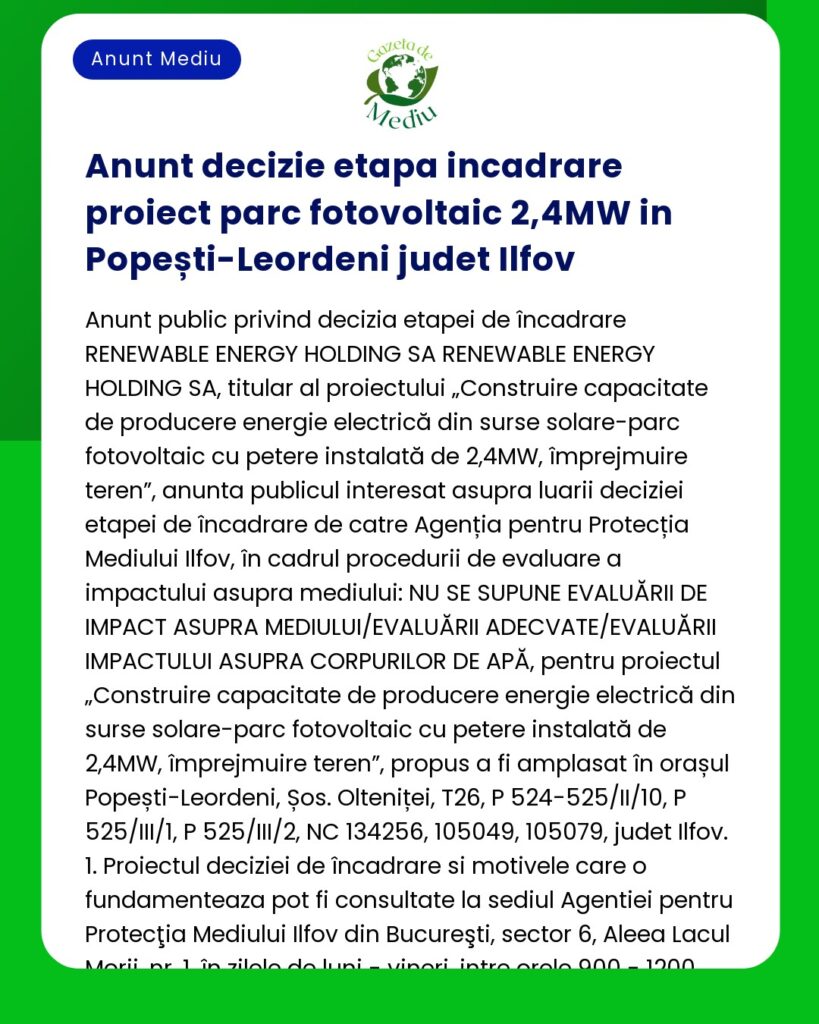 Anunt decizie etapa incadrare proiect parc fotovoltaic 24MW in Popeșt