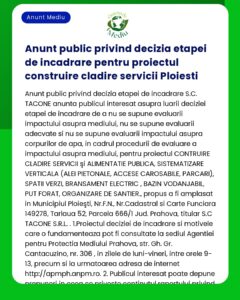 Anunt public privind decizia etapei de incadrare pentru proiectul cons