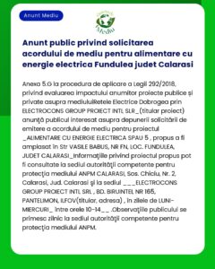 Anunt public privind solicitarea acordului de mediu pentru alimentare