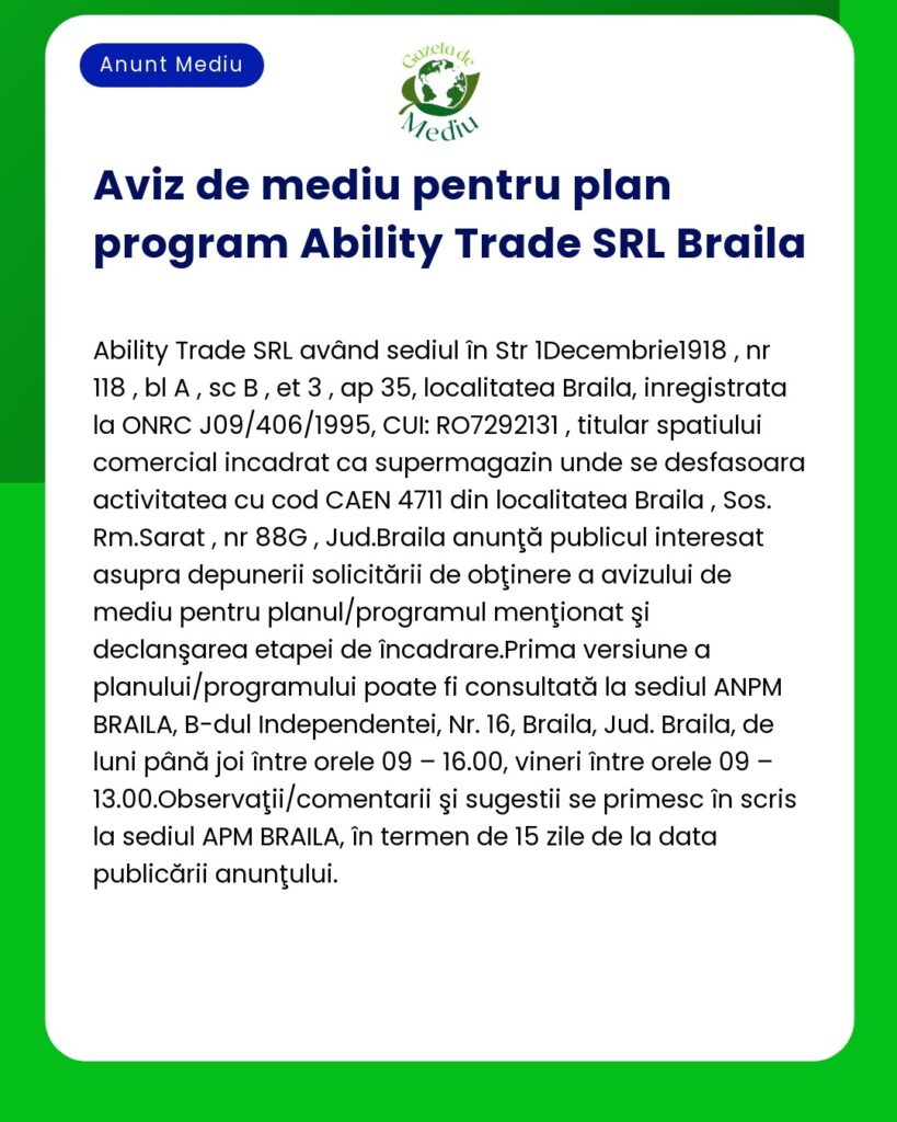 Aviz privind planul de mediu pentru Ability Trade SRL din Brăila care detaliază cererile de autorizare necesare cu referire la codul de activitate CAEN 4711