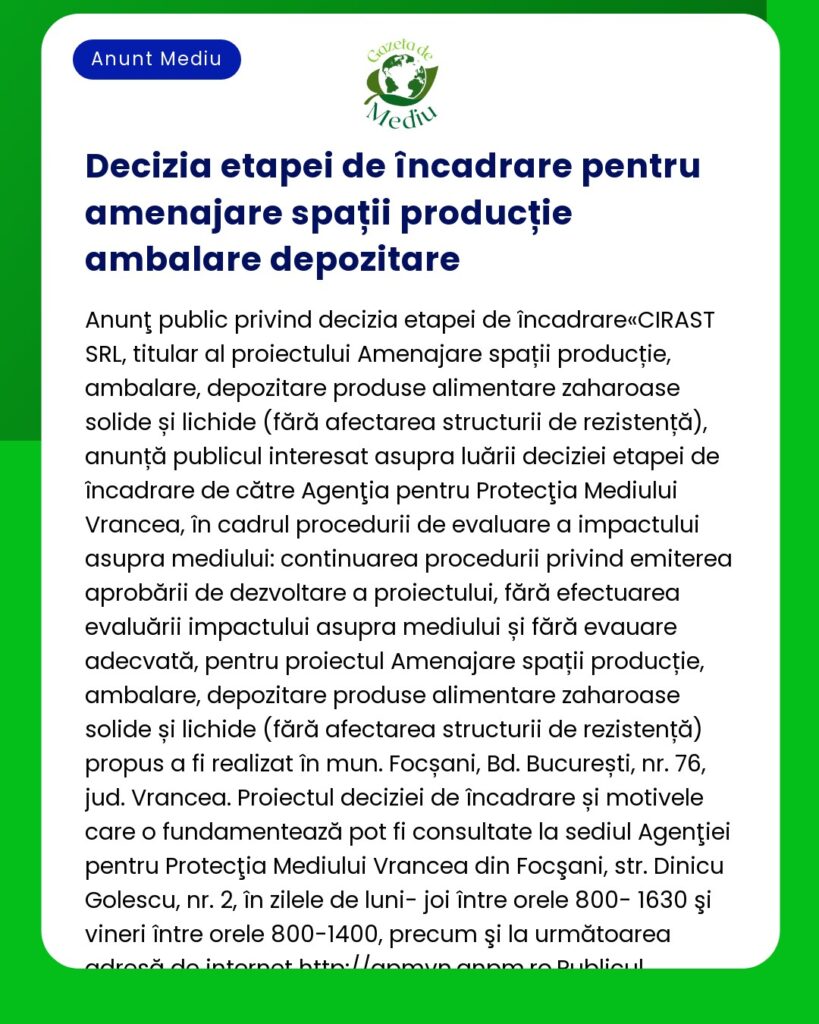 Decizia etapei de încadrare pentru amenajare spațiu de producție și depozitare ambalaje și produse alimentare