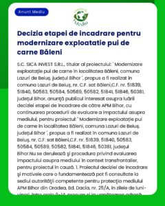 Decizie etapa procedură privind modernizarea unei ferme de păsări în Băleni detalii despre companie locație și referințe aprobare