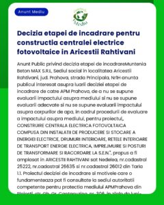 Decizia etapei de incadrare pentru constructia centralei electrice fot