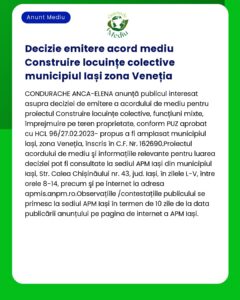 Anunț privind o decizie de acord de mediu pentru un proiect de locuințe în Iași zona Veneția
