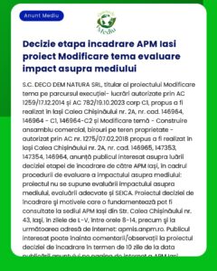 Anunț despre o decizie de impact asupra mediului pentru un proiect în Iași România cu referire la diverse autorizații și coduri legale