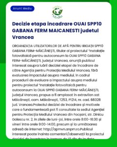 Un anunț despre o decizie privind un proiect de instalație fotovoltaică în județul Vrancea care abordează implicarea publicului și evaluarea impactului asupra mediului