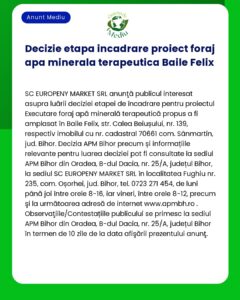 Anunț privind decizia unui proiect minier pentru apă terapeutică în Băile Felix România detalii despre locație informații de contact și implicarea autorităților