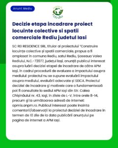 Aviz privind decizia de evaluare a impactului asupra mediului pentru un proiect rezidential si comercial in Rediu judetul Iasi