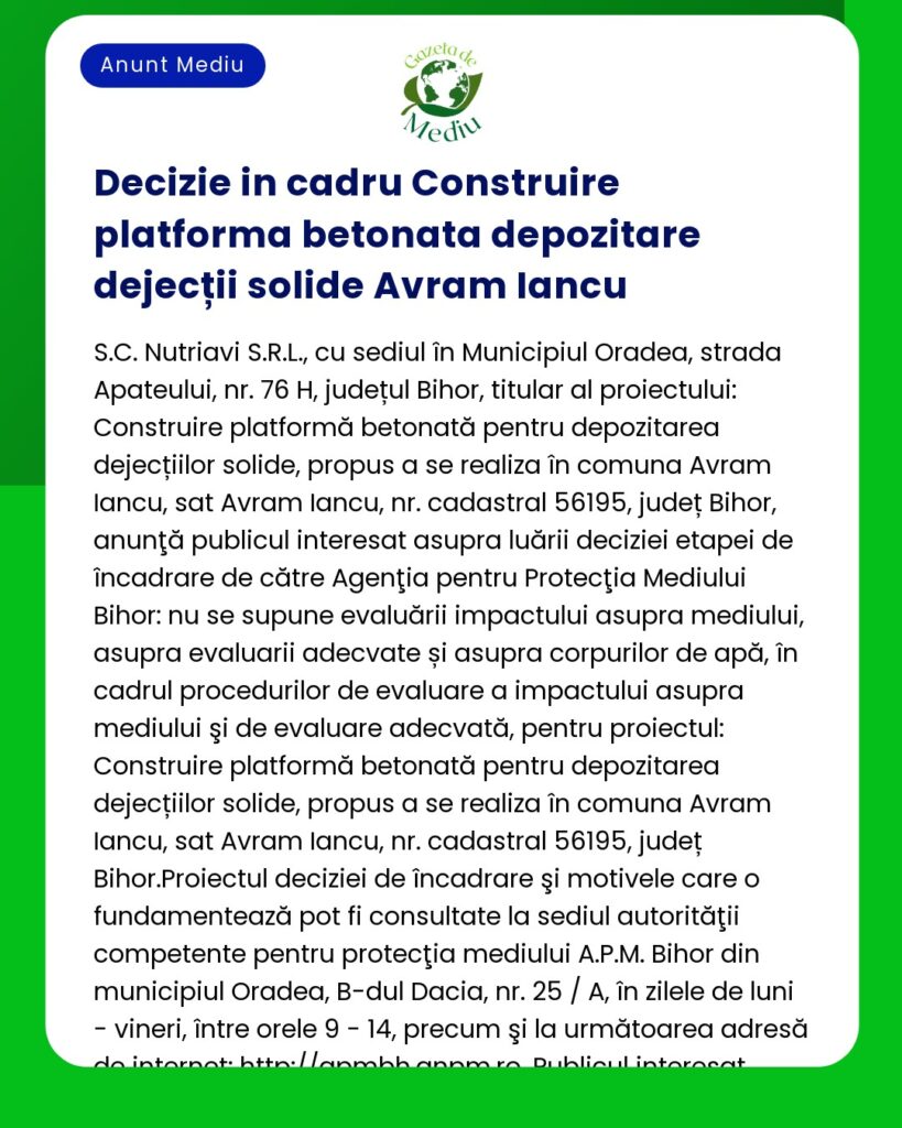 Construirea unei platforme din beton armat pentru depozitarea deșeurilor solide în Avram Iancu județul Bihor