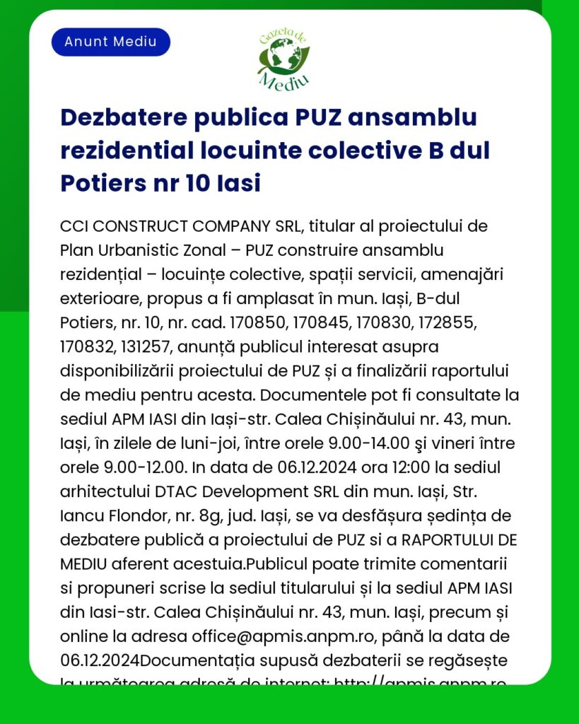 Anunț privind dezbaterea publică a proiectului PUZ ansamblu locuințe în Iași cu detalii despre procesul de planificare și aprobare