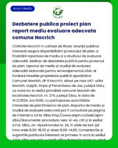 Anunț pentru o dezbatere publică privind raportul de impact asupra mediului al unui proiect în Comuna Nocrich inclusiv detalii despre unde se găsesc documentele relevante și informații de contact