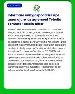 Anunț verde și albastru despre un anunț public legat de gospodărirea apelor și amenajarea terenului în comuna Toboliu județul Bihor România