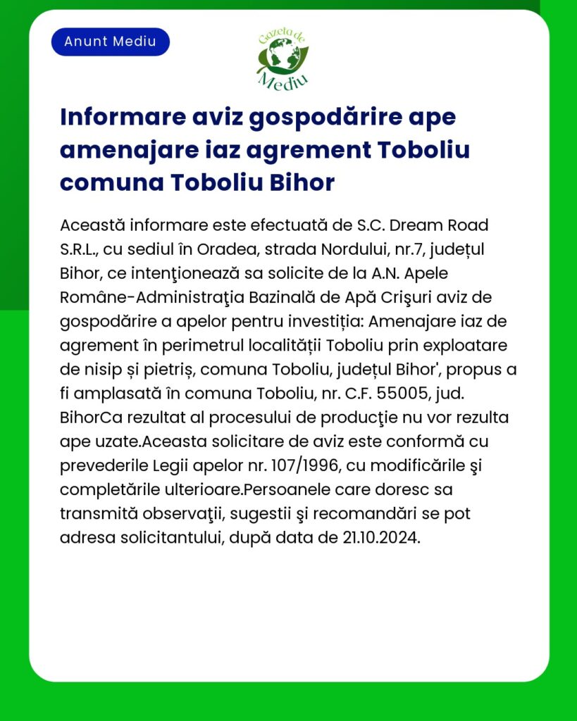 Anunț verde și albastru despre un anunț public legat de gospodărirea apelor și amenajarea terenului în comuna Toboliu județul Bihor România