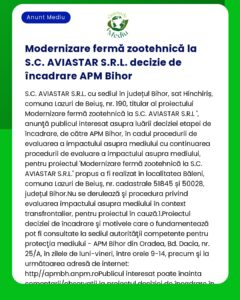 Modernizare fermă zootehnică la SC AVIASTAR SRL în județul Bihor cu detalii despre decizia APM Bihor privind evaluarea impactului asupra mediului
