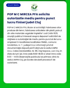 Cerere de autorizare de mediu pentru un amplasament de producție în Finisel județul Cluj
