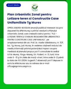 Anunț despre zonarea urbană și construcția de locuințe unifamiliale în Tg Mureș Oferă informații de contact și detalii despre prezentarea publică din 4 mai 2023