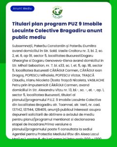 Un anunț în limba română despre un plan de program de locuințe listează nume și adrese în Bragadiru