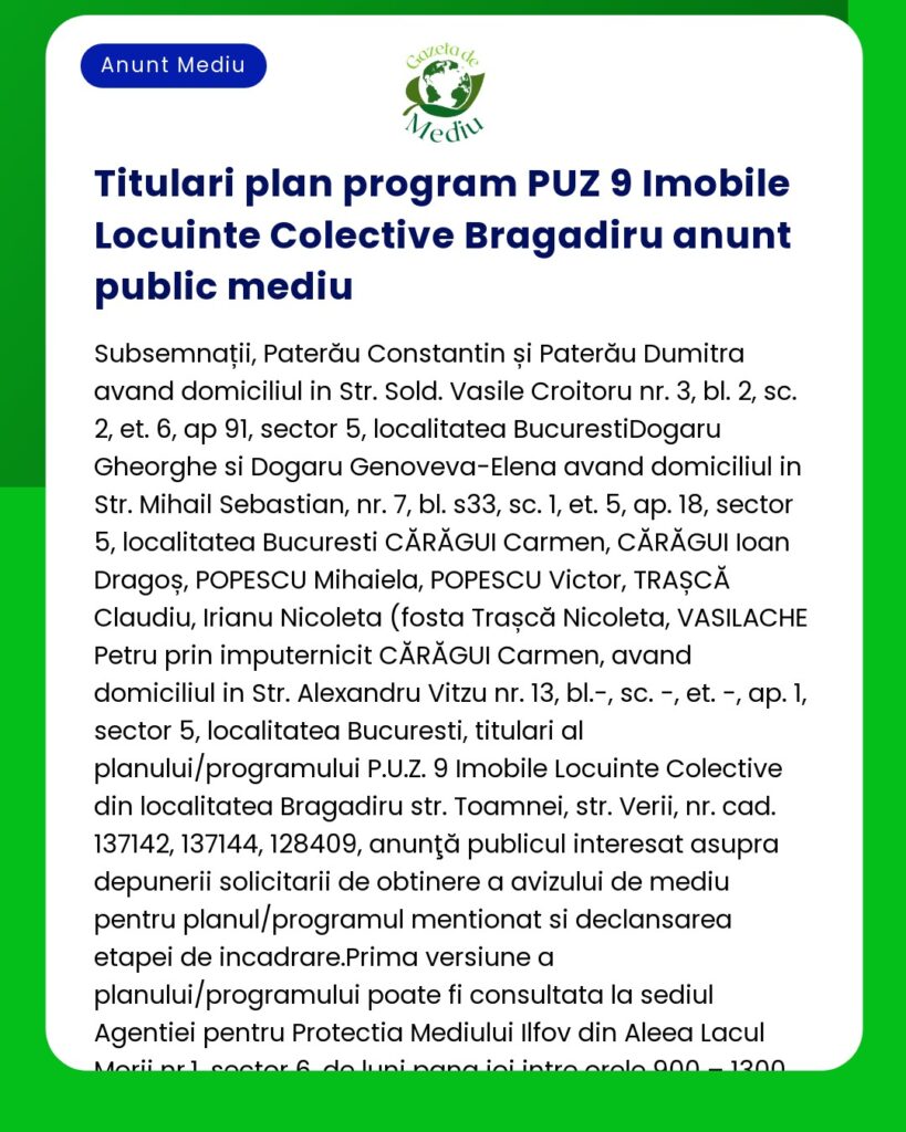 Un anunț în limba română despre un plan de program de locuințe listează nume și adrese în Bragadiru