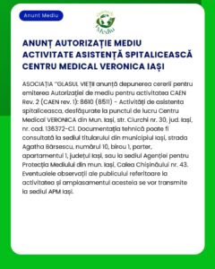 Aviz informativ despre o autorizatie medicala pentru Centrul Medical Veronica Iasi Oferă detalii precum activitatea afacerii adresa și cerințele cu informații de contact pentru APM Iași