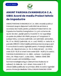 Anunțul este făcut de Parohia Evanghelică CA Sibiu despre un acord de restituire a unui teren în legătură cu un proiect finanțat prin PNRR incluzând numerele de înregistrare și adresele parcelelor din Sibiu