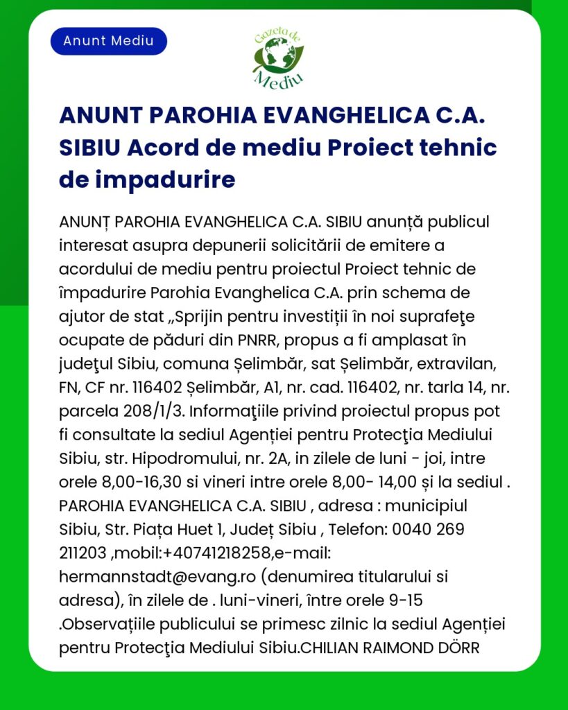 Anunțul este făcut de Parohia Evanghelică CA Sibiu despre un acord de restituire a unui teren în legătură cu un proiect finanțat prin PNRR incluzând numerele de înregistrare și adresele parcelelor din Sibiu