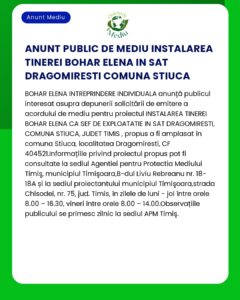 Anunț informativ despre implementarea unui nou proiect de mediu public în Dragomirești Comuna Știuca județul Timiș Include detalii despre propunere și informații de contact