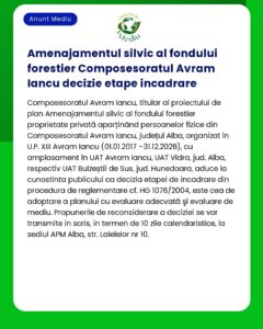Afiș informativ despre o decizie de gestionare a pădurilor care implică proprietate privată în județul Alba România care detaliază etapele procedurale și respectarea legislației naționale